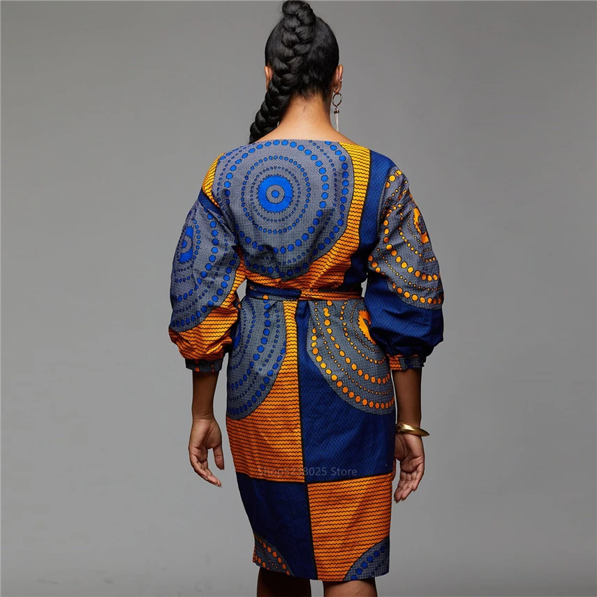 Осень новости африканская одежда Анкара v-образным вырезом фонарь рукав африканские платья для женщин Дашики печати Vestidos кардиган дамы