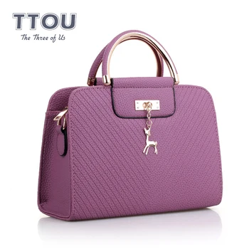 

Casual Solid Basic Women Briefcase Deer Decor Large Capacity Shoulder Bags PU Leather Female Travel Shopping Tote Handbags