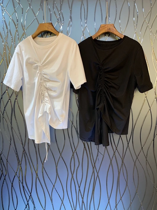

2019 Early autumn new women's round collar irregular twisted pull-rope short-sleeved plain white tie jacket 731