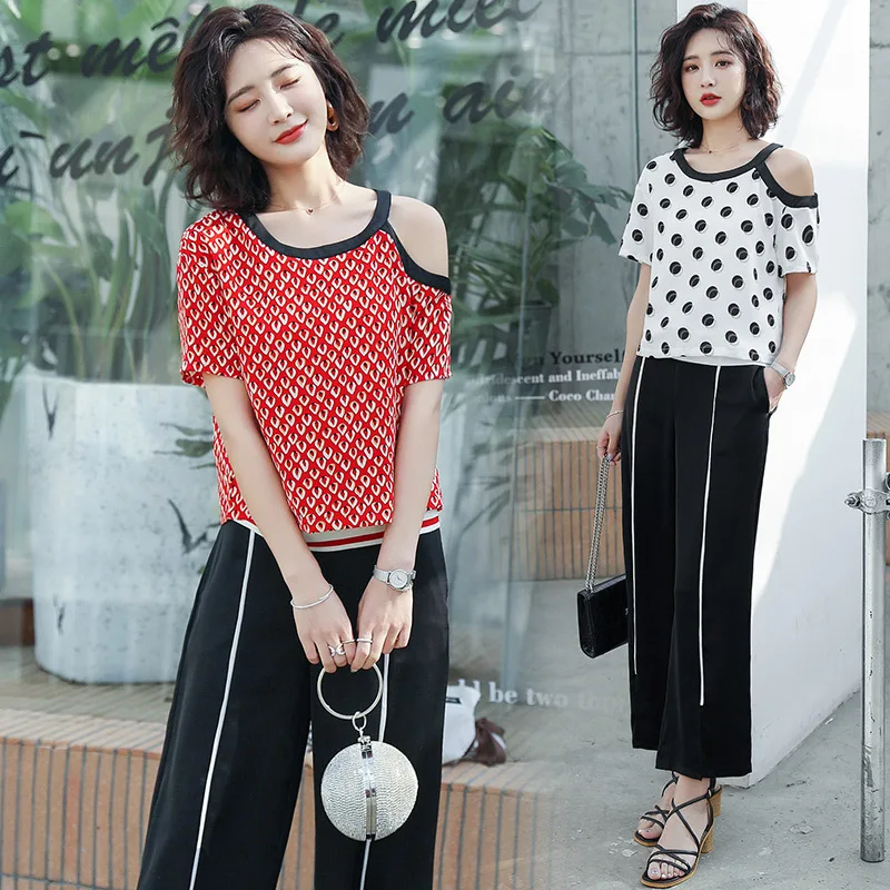 

Solid Color off-Shoulder 2019 Summer Crew Neck Loose Waist Fashion Comfortable Simple Versatile Cool Polka Dot Set