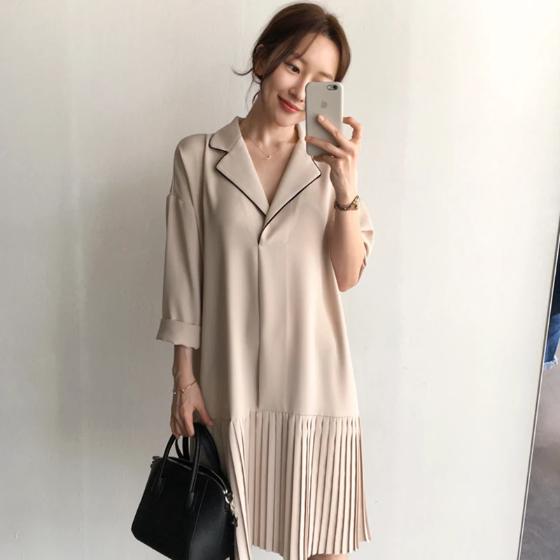 

Early Autumn Spring One Piece Pleated Dress Office Lady Elegant Midi Dress Robe Femme Vestido Mujer Vestiti Donna