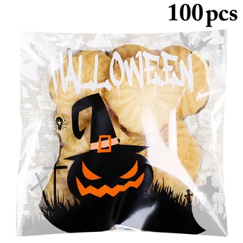 

100pcs Halloween Pumpkin Broom Ghost Plastic Pack Candy Cookie Packaging Bags Cupcake Wrapper Self Adhesive Cellophane Gift Bag