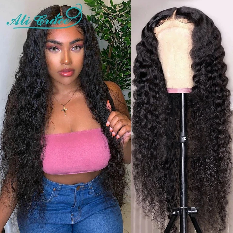 Ali Grace Deep Wave Wig Brazilian Closure with Baby Hair 4X4 Pre-plucked Lace Human Wigs for Women | Шиньоны и парики