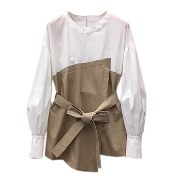 

Spring Lantern Long Sleeve Patchwork Tops Female Lace Up Fake Two Piece Set Women Shirts Ladies Tops and Blouses Korean Blusas