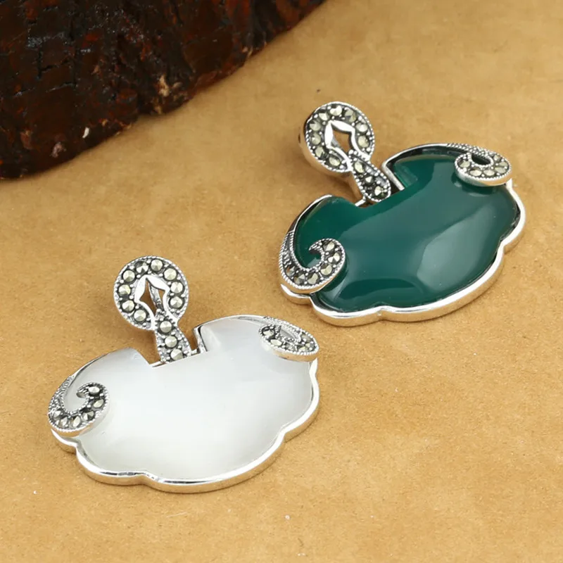 

925 Sterling Silver Jewelry Retro Thai Silver Men And Women Models Marcasite Green Agate Opal Long Life Lock Pendant