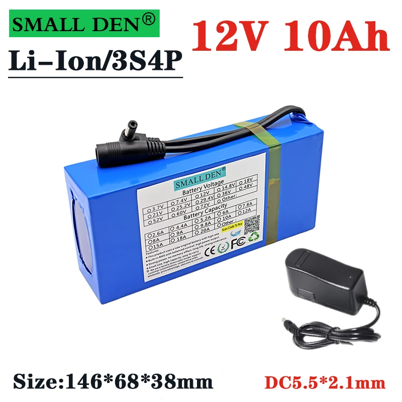 Brand new 12V 10Ah 18650 Li-ion battery pack 10000mAh with BMS circuit protection board DC 5.5*2.1mm+ 12.6V 1A charger | Электроника
