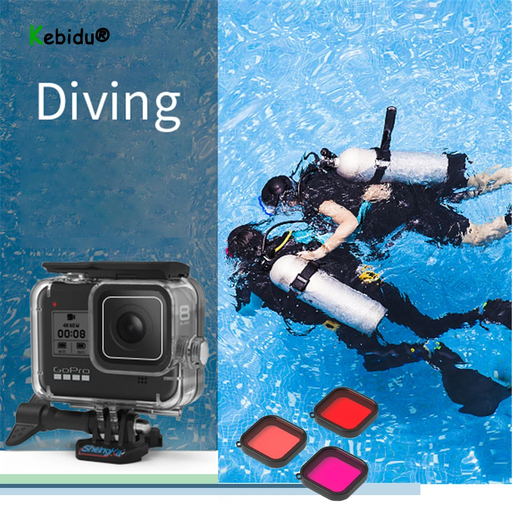 Kebidu accesorios para GoPro con filtro de cámara, funda carcasa impermeable para GoPro 8, cubierta subacuática protectora para buceo, 60M|Carcasa protectora de - AliExpress