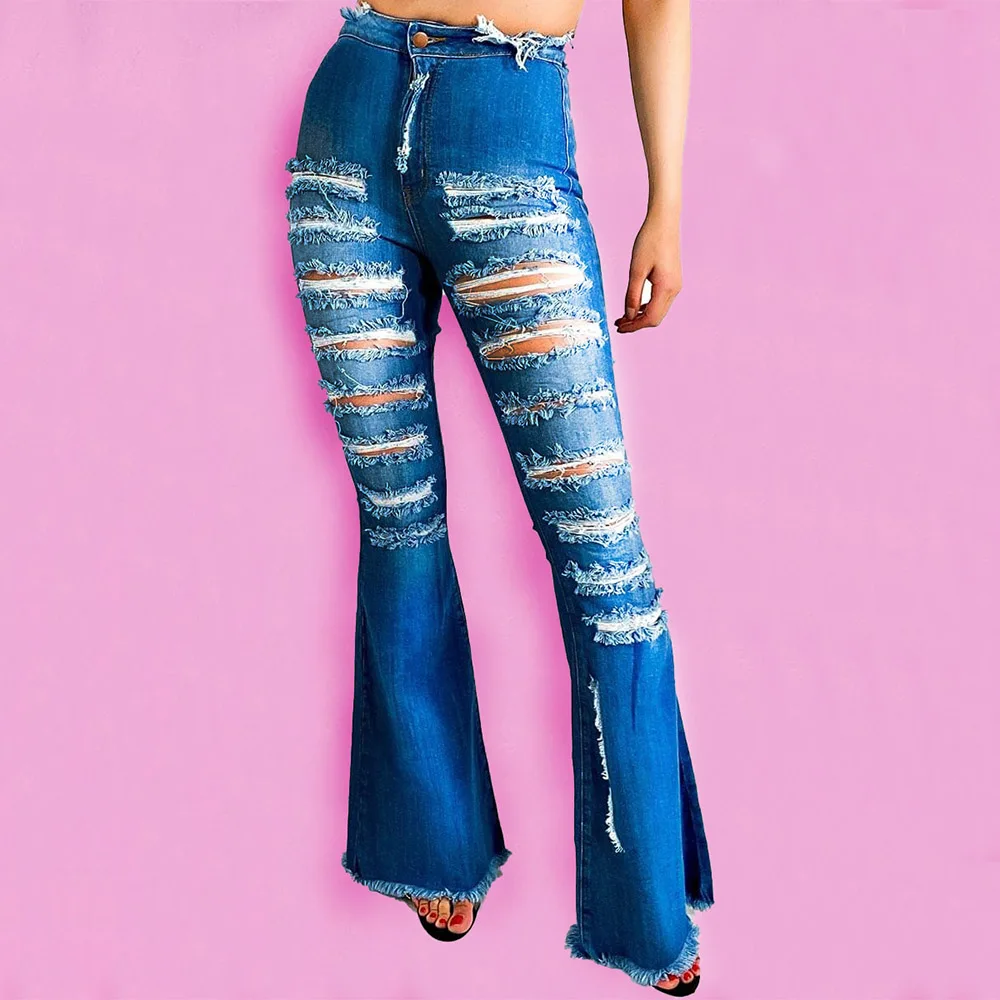 

Sexy Ripped Flared Jeans For Women Flare Pants Plus Size Summer Vintage Blue Denim Bellbottom Chic Design Casual Trousers 2020