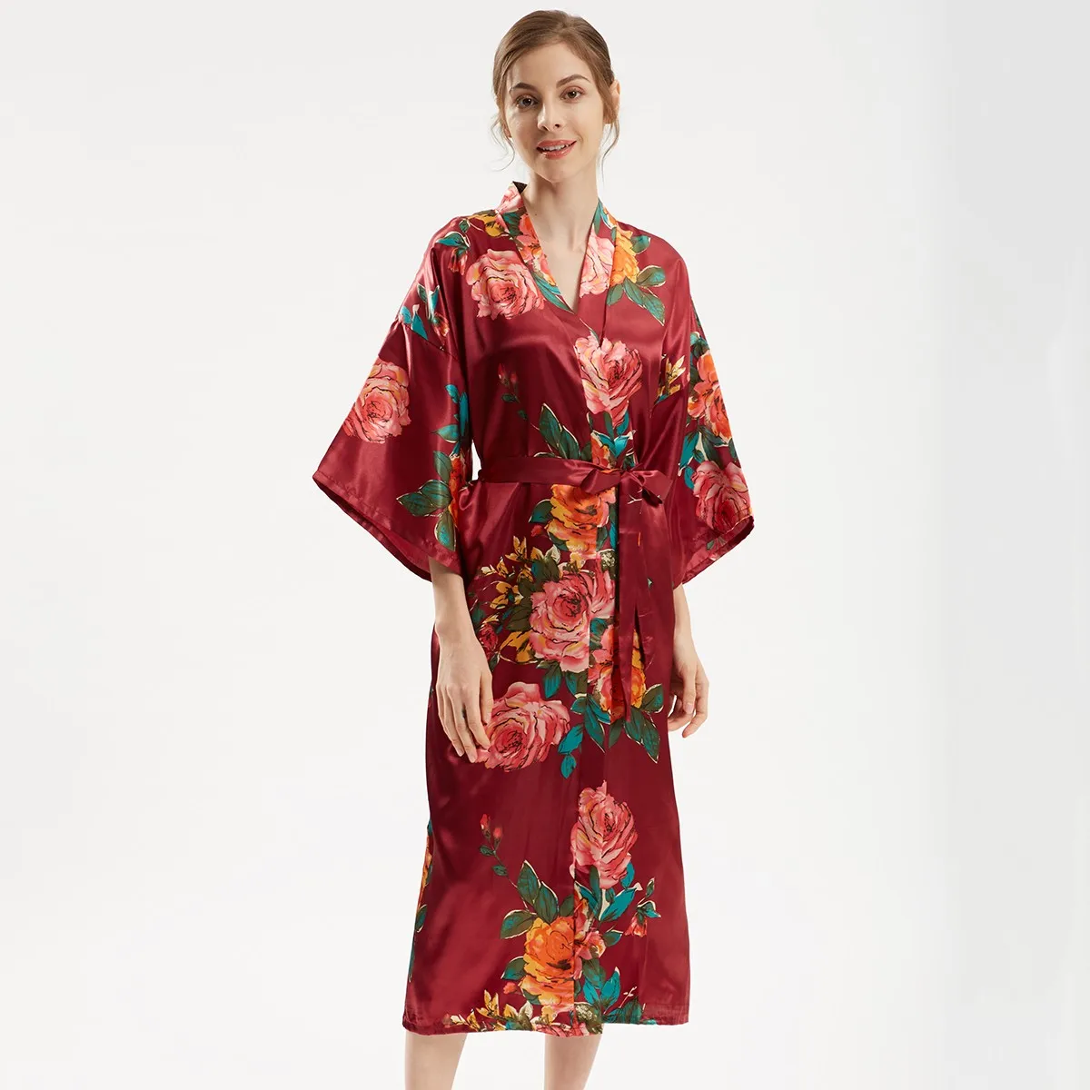 

Print Floral Women Wedding Robe Gown Sexy Satin Sleepwear Kimono Bathrobe Oversize Long Nightgown Rayon Casual Intimate Lingerie