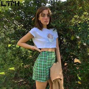 

Hot sale New 2020Summer skirts womens ins high waist split Sexy bag hip England Style Vintage green small fresh Plaid mini skirt