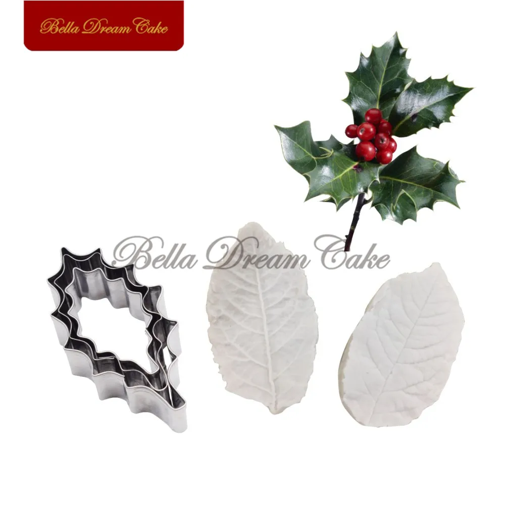 5pcs/set Holly Leaf Veiner Silicone Molds Stainless Steel Cutter Mould