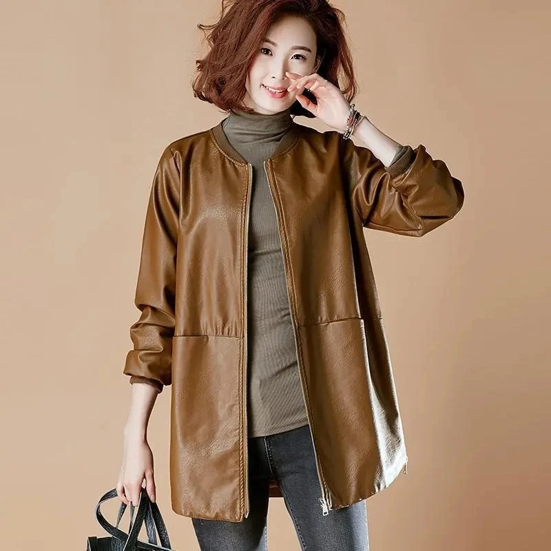 Women PU Leather Jacket 2024 New Female Spring Autumn Large Size 6XL Coats Female Mid-length Leather Overcoat PU Leather jacket