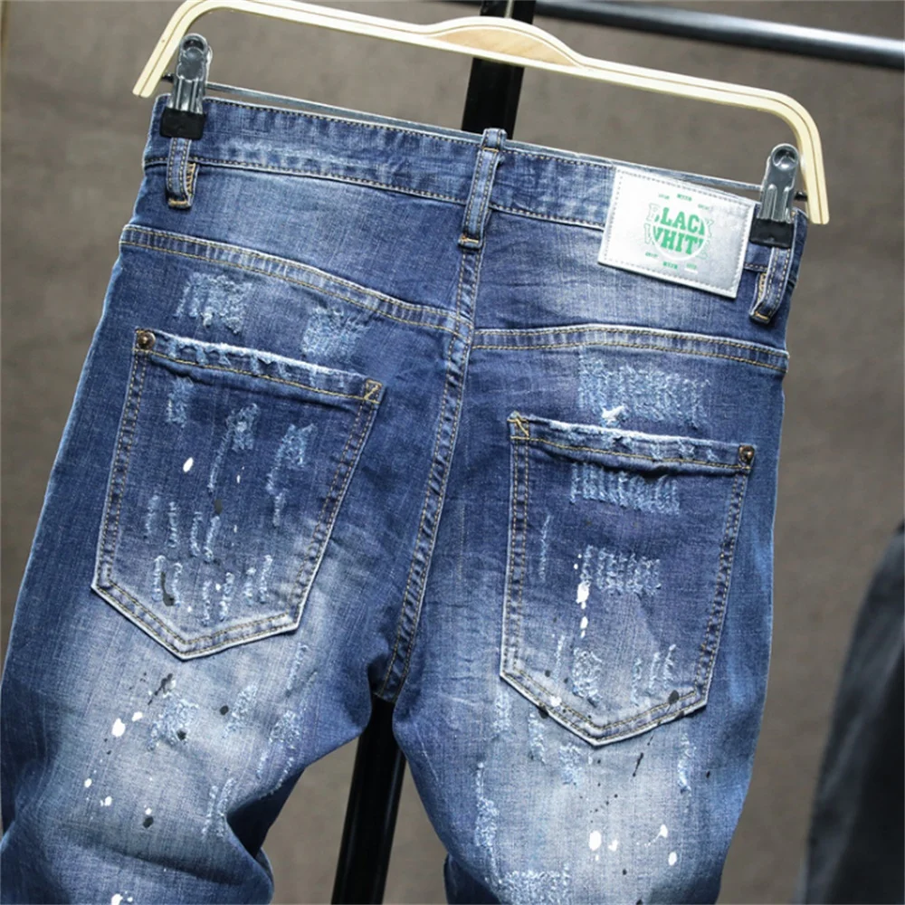 EH·MD® Claw Pattern Ripped Jeans Men's Inkjet White Dots Cat Whisker Slim Cotton Red Ears Soft Stretch Beggar Pants Reflective