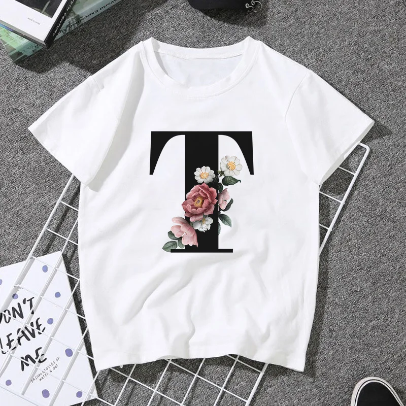 A B C D E English Alphabet Print T Shirt Women 2020 New Summer Couples Lovers Female T-Shirt Harajuku Casual White Tops Tshirt