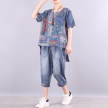 

2020 Summer New Loose Soft Denim Short-sleeved Cropped Trousers Two-piece Set Vintage Suits Female Women Two Piece Outfits