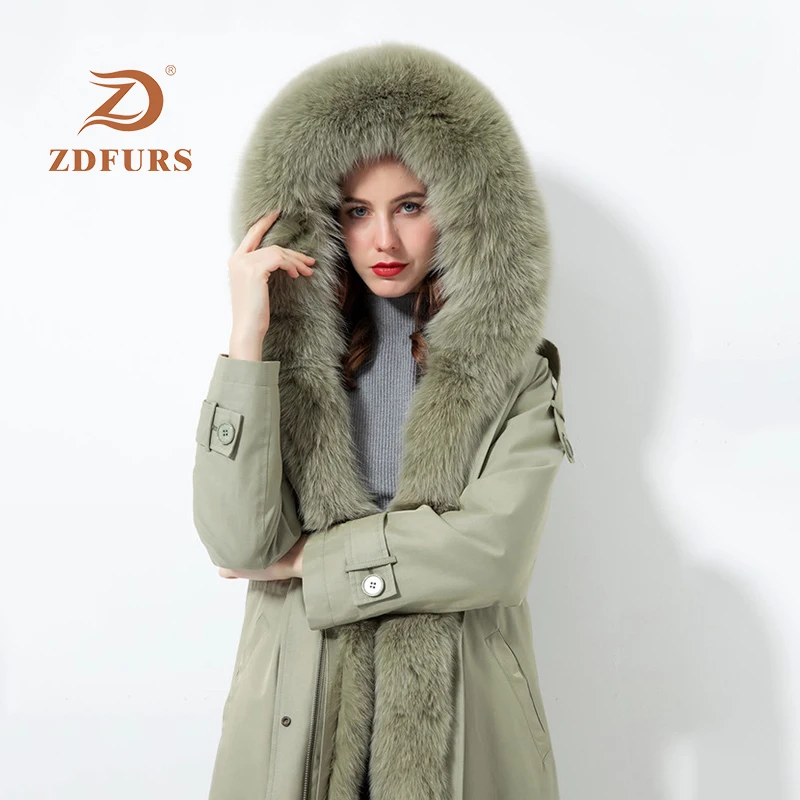 ZDFURS* Женская парка из меха кролика рекс с роскошным мехом лисы с капюшоном спереди в полоску зимний помпон из натурального меха длинная стильная ветрозащитная куртка