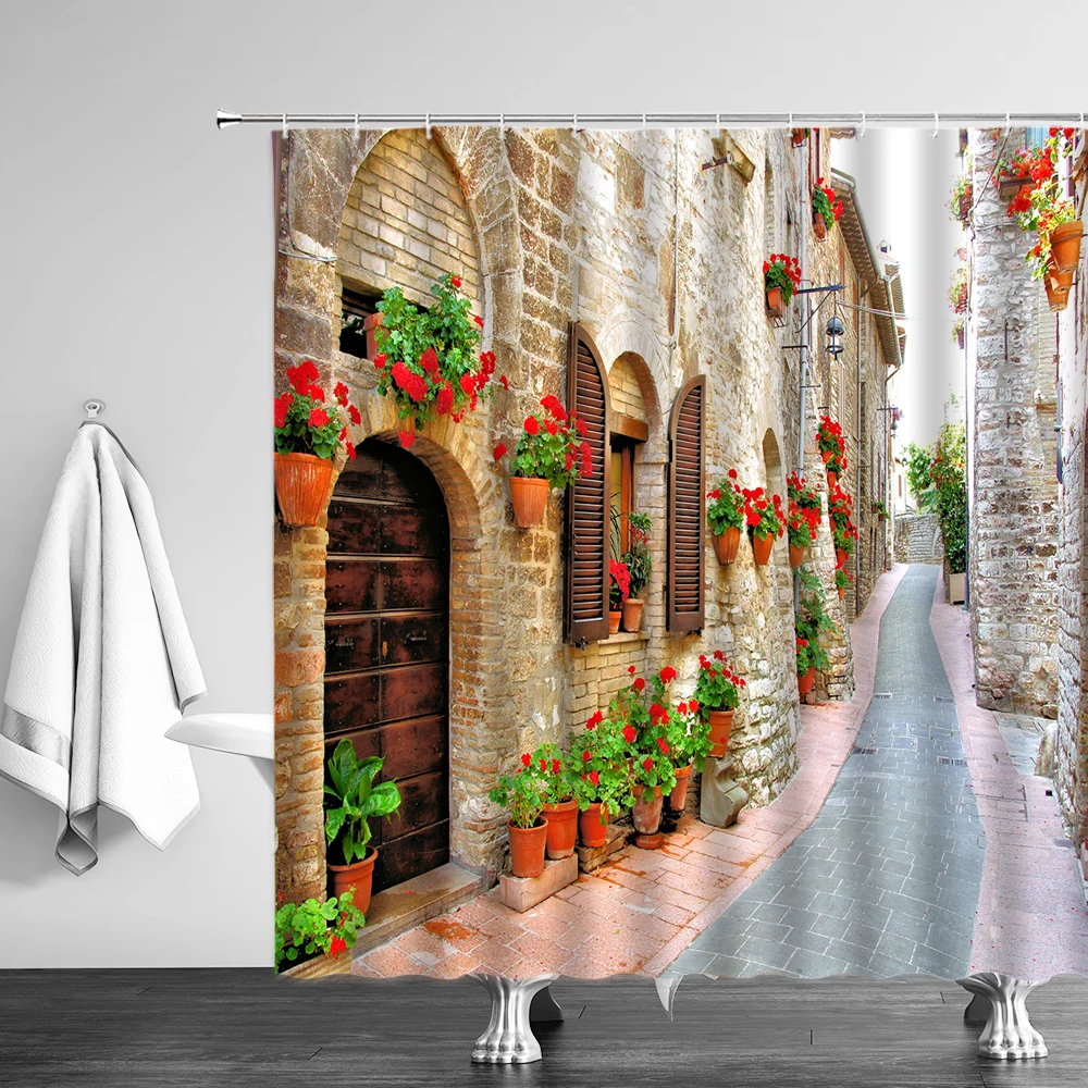 3D Colorful Street Alley Old Wall Green Leaves Flowers Pattern Shower Curtains Cloth Bathroom Curtain Waterproof Christmas Gift | Дом и сад