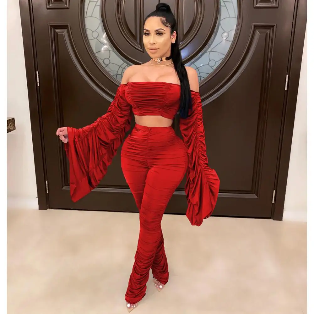 

Stacked Party Outfits Sexy Women Slash Neck Two Pieces Solid Casual Tracksuit Stacked Top+Pants
