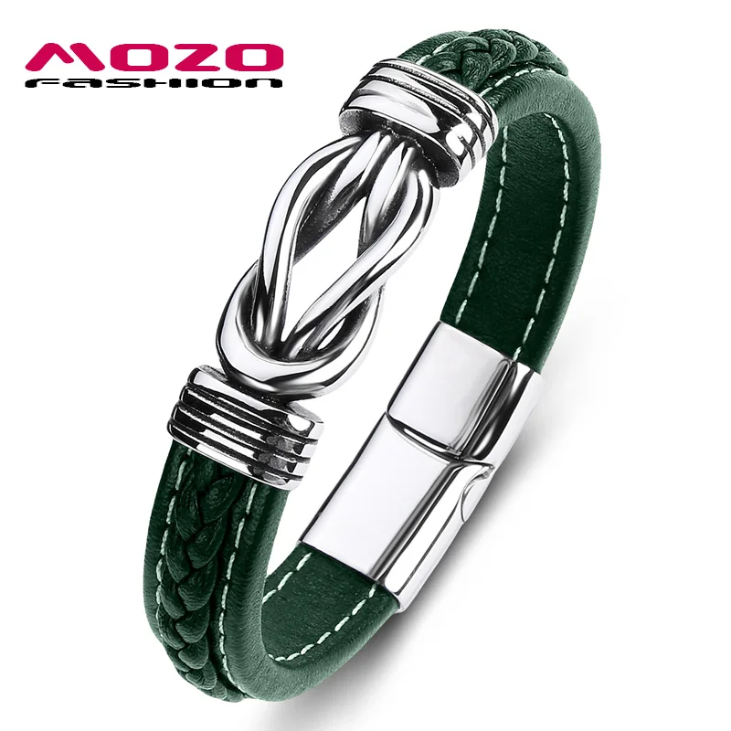 MOZO, модный,, классический, мужской браслет, кожа, нержавеющая сталь, браслет с подвесками, женский, крест, панк, ювелирный браслет, подарки, зеленый - Окраска металла: SY074-LU