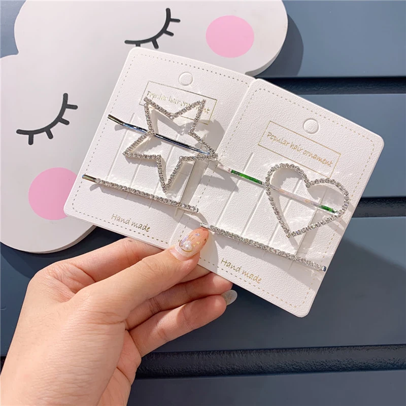 

2Pcs/set Fashion Women Headwear Set Heart-shaped Star Barrettes Simple Rhinestone Hairpins Metal Hair Clips Hair Accessories