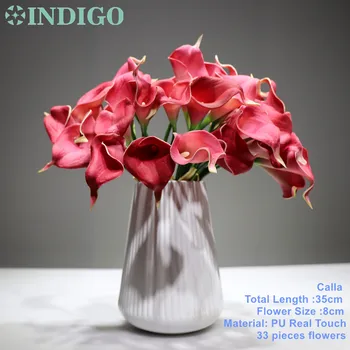 

33pcs PU Rose Red Mini Calla Lily 14" Mini Calla Lily Wedding Bride Bouquet Real Touch Flower Bunch Home Decor Free Shipping