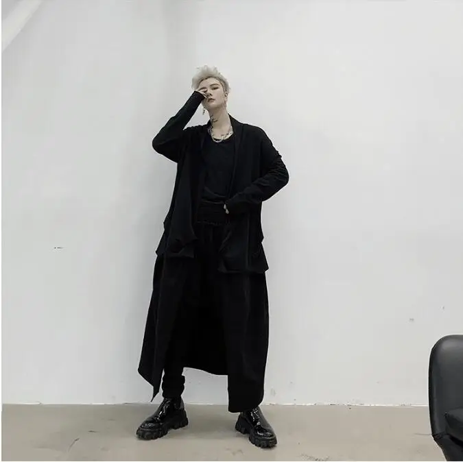 M-XL! Весенний Темный стиль, индивидуальный дизайн, мужской свободный Тренч средней длины выше колена, мужская куртка