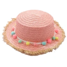 Панамская Солнцезащитная шляпа для детей, летняя разноцветная соломенная шляпа с бахромой и помпонами, пляжная шляпа с широкими полями для девочек, кружевная широкополая шляпа