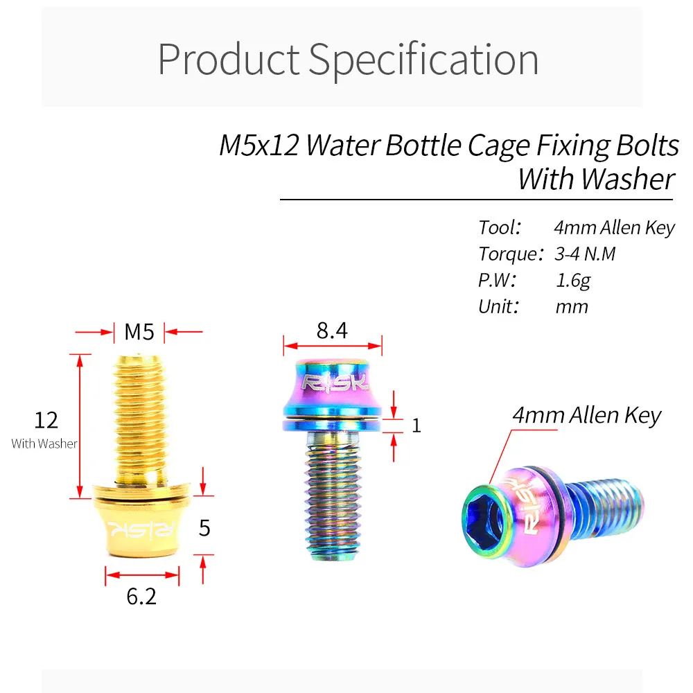 RISK Titanium Bolts M5x12 2pc Bicycle Bottle Cage Bolts MTB Road Bike Water Holder Fixed Screw Air Pump Bracket Bolt Accessories bicycle bottle cage screws