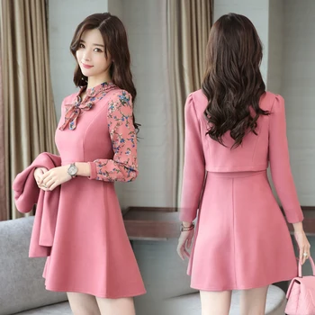 

Women Sweat Style Dresses Suit Autumn Winter Slim jacket and Dress OL Two 2 Piece Set Casual Clothing Female Pink Green Brown
