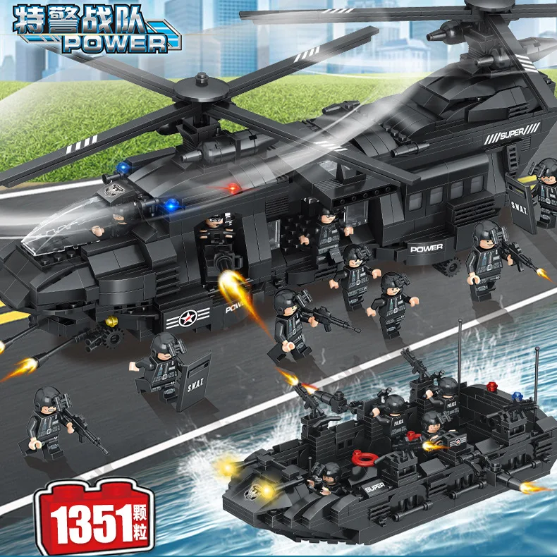 

Qun long 0108 SWAT Combat Team Building Blocks Helicopter Airplane Granule Assembled Building Blocks Boy Educational Military Bu