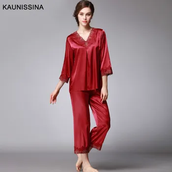 

Pajamas Women's Spring and Summer Silk Leisure Tops Long Sleeve Long Pants Two-Piece Suit Sleepwear Home Clothes Factory Supply
