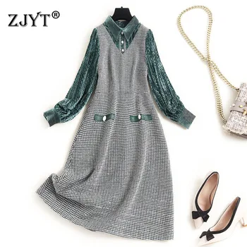 

2020 New Fashion Autumn Long Sleeve Turn Down Collar Velvet Patchwork Vintage Plaid Dress Women Clothing 2020 Female Vestidos