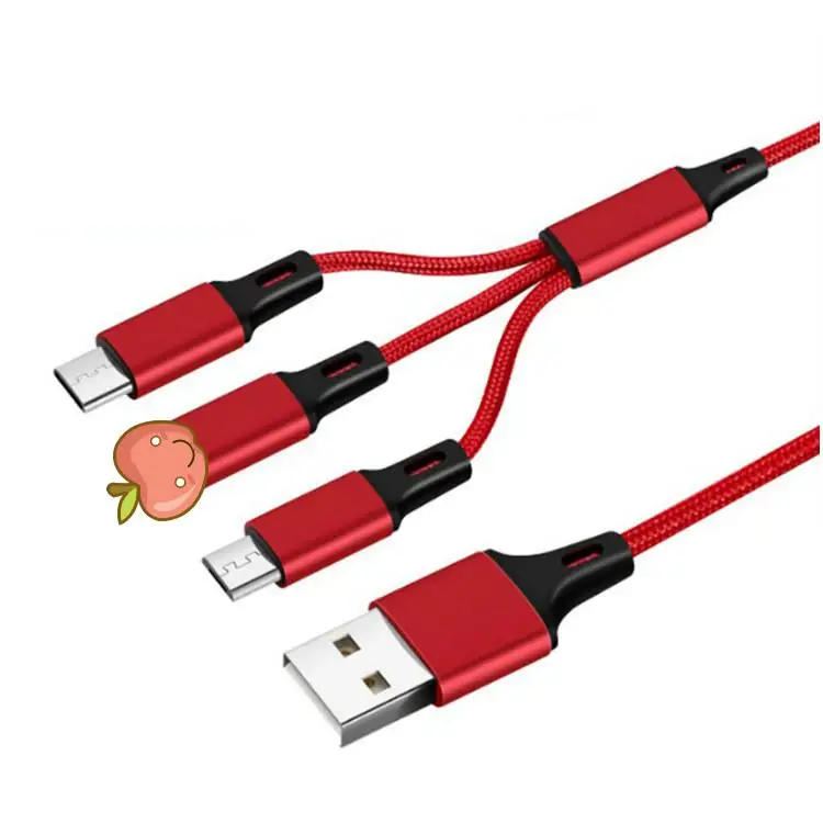USB линия передачи данных 3 А Быстрая зарядка 1,2 м один волок три линии передачи данных для type-c для iphone для Micro - Цвет: Красный