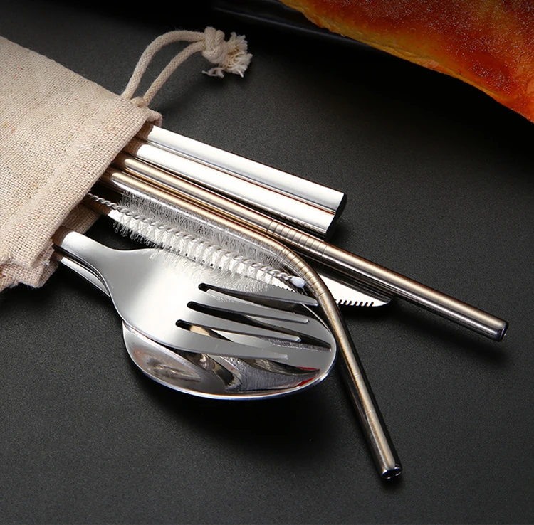 Dinnerware Set Travel Camping Cutlery Set Reusable Silverware With Metal Straw Spoon Fork Chopsticks And Portable Case