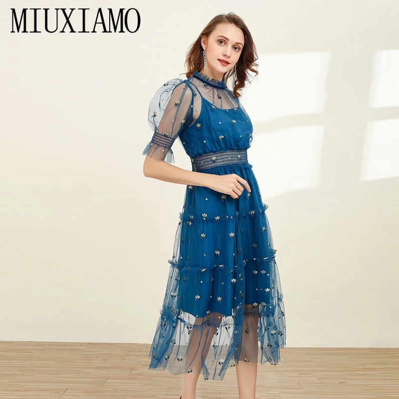 MIUXIMAO, высокое качество,, весеннее платье, роскошная Цветочная вышивка, длинный рукав, Элегантное синее длинное платье для женщин, vestidos
