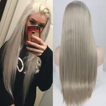 

Bombshell Platinum Long Straight Synthetic Lace Front Wig Heat Resistant Fiber Natural Hairline Middle Parting For Women Wigs
