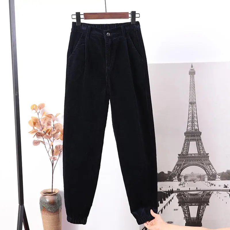 Navy blue Pants Винтажные вельветовые брюки Женские однотонные повседневные осенне-зимние шаровары с высокой талией свободные вельветовые брюки женская одежда Q2002 - Цвет: Navy blue Pants