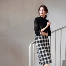 Осенне-зимняя женская юбка, юбки, модная винтажная клетчатая юбка с высокой талией, облегающая шерстяная короткая черная Корейская юбка