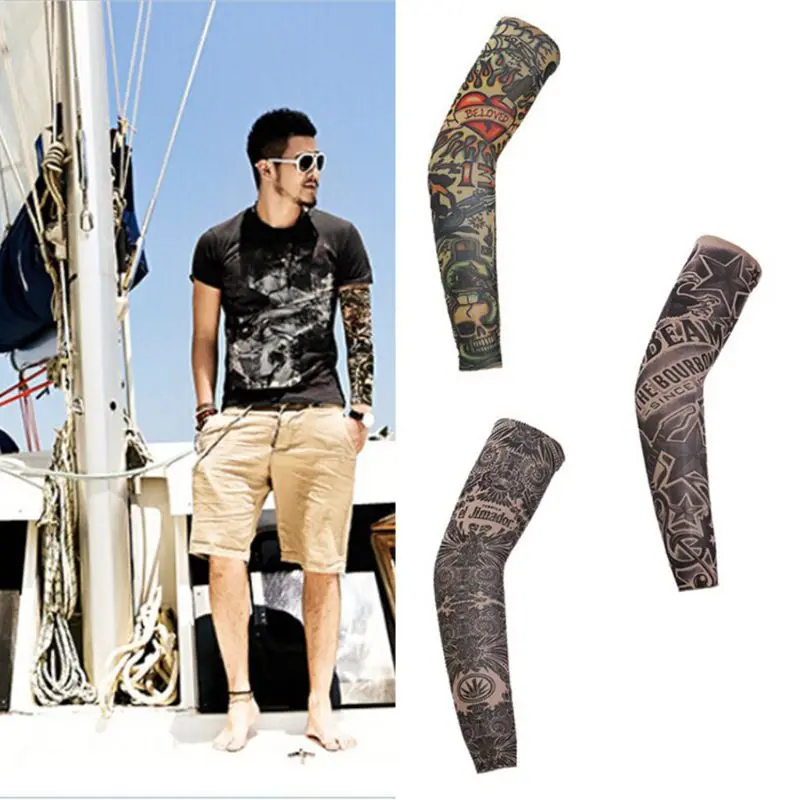 

Mens Mens Fake Tattoo Sleeves Cover Unisex Party Body Art Temporary Sunscreen Tiger Skull Clown Digital Printing Arm Warmer