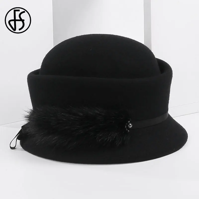 Black Wool Fedora FS винтажная черная фетровая шляпа-Клош с жемчугом, котелок с широкими полями, зимняя женская шерстяная фетровая шляпа, церковная шляпа, Дамская Кепка Дерби - Цвет: Black Wool Fedora