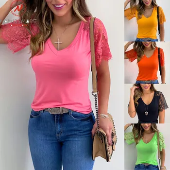 

Fashion Women Summer Solid Color T-Shirts Patchwork Design Lace Decor See Through V-Neck Short Sleeve Slim Pullovers Top