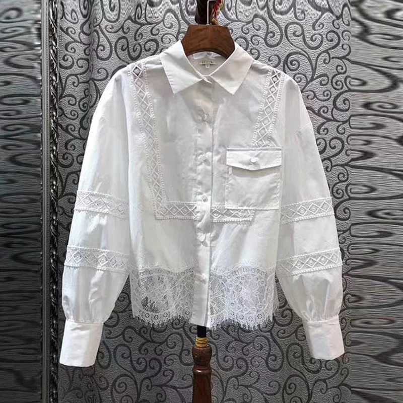 TWOTWINSTYLE повседневные Лоскутные кружевные блузки для женщин воротник с лацканами фонарь длинный рукав асимметричный модная одежда