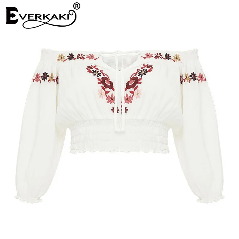 Everkaki Boho Цветочная женская блузка с вышивкой короткие топы с открытыми плечами на шнуровке винтажный топ в цыганском стиле Блузки женские Осень новинка