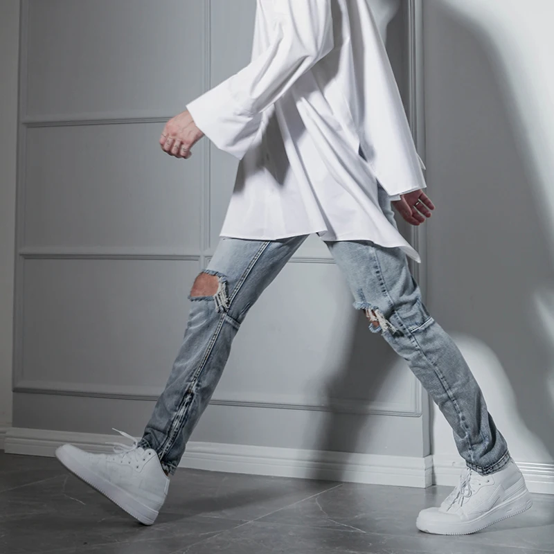 Штаны с молнией внизу отверстиями в коленях джинсы стиле хип хоп мужские брюки high