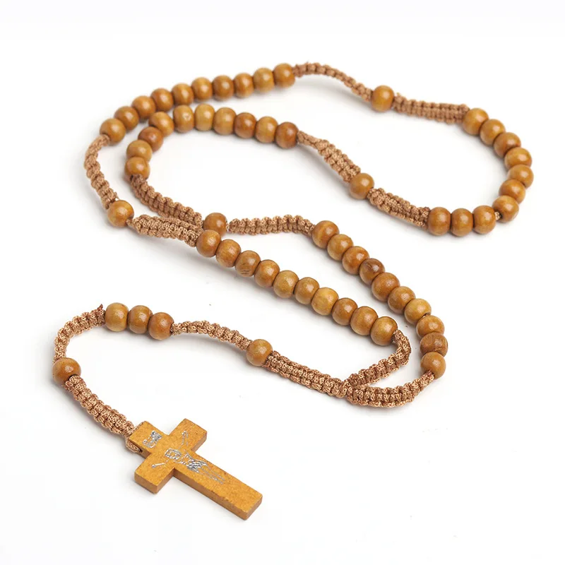 Natural Wood Beads Christian rosary Necklace Catholic Handwoven CrossJesus religious Jewelry