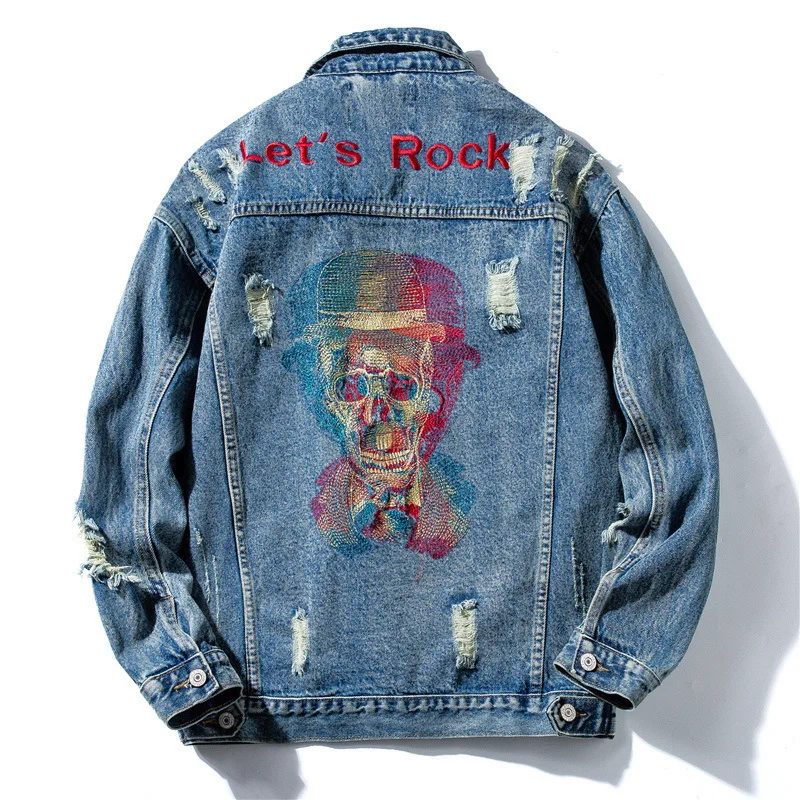 Spring Autumn Newly Fashion Men Jackets Retro Black Skulls Embroidery Designer Denim Jacket Ripped Cotton Coats Hip Hop Clothes