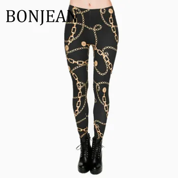 

BONJEAN 2019 Elastic Leggings for Women Clothing Ankle-Length Pants Gold Chains Printing Leggings Skinny Fitness Legging BJ1730