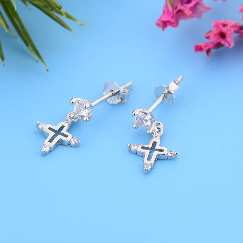 Hot Sale Authentic Real 925 Sterling Silver Clear CZ Cross Stud Earrings For Women Party Korean Wedding Jewelry Gift | Украшения и