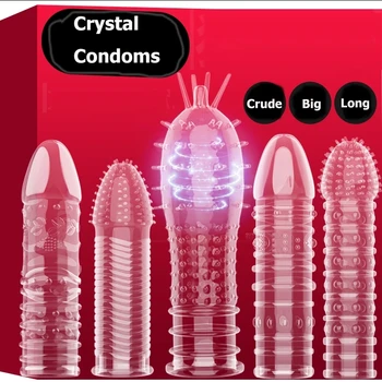 Adult Sex Toy Extension Reusable Condom Penis Sleeve Male Enlargement Time Delay Spike Clit Massager Cover Crystal Clear Condoms 2