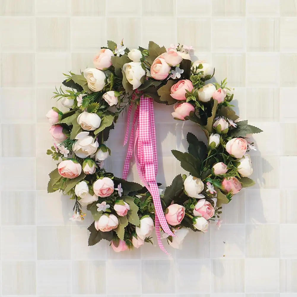 

35CM Rose Flower Wreath Handmade Simulated Spring Decoration Garland Silk Flower for Door Wall Hanging Front Door Valentine Wedd
